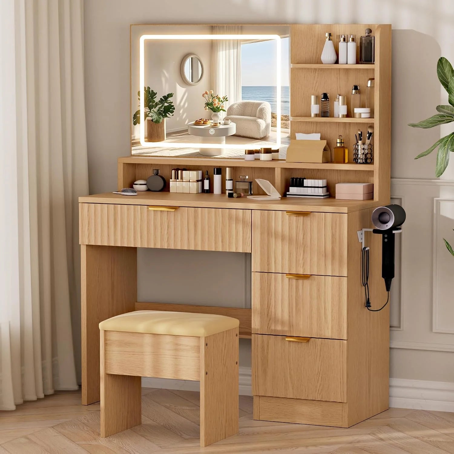 Discount White Makeup Vanity Desk with Charging Station & 4 Drawers, Smart LED Mirror - Image 2