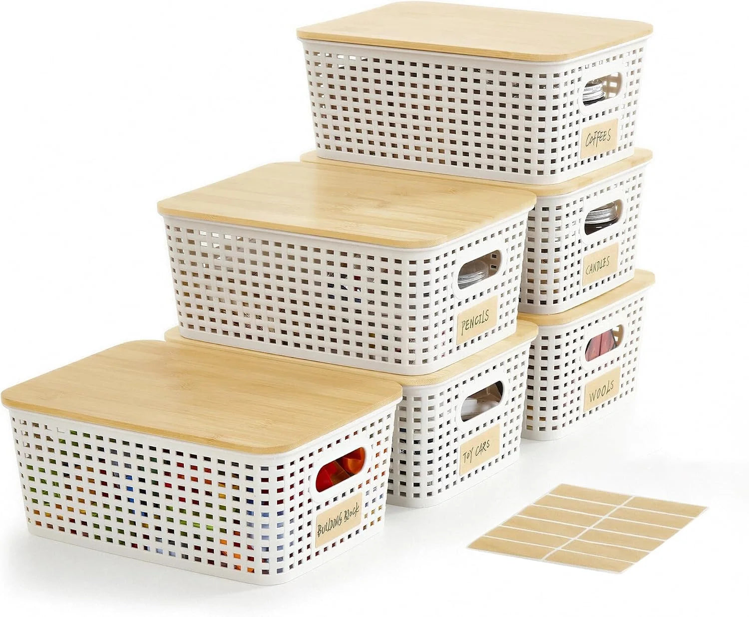 Discount Small Plastic Storage Bins with Bamboo Lids 5.2qt Stackable Box Basket Pantry Decorative Containers Cute - Image 7