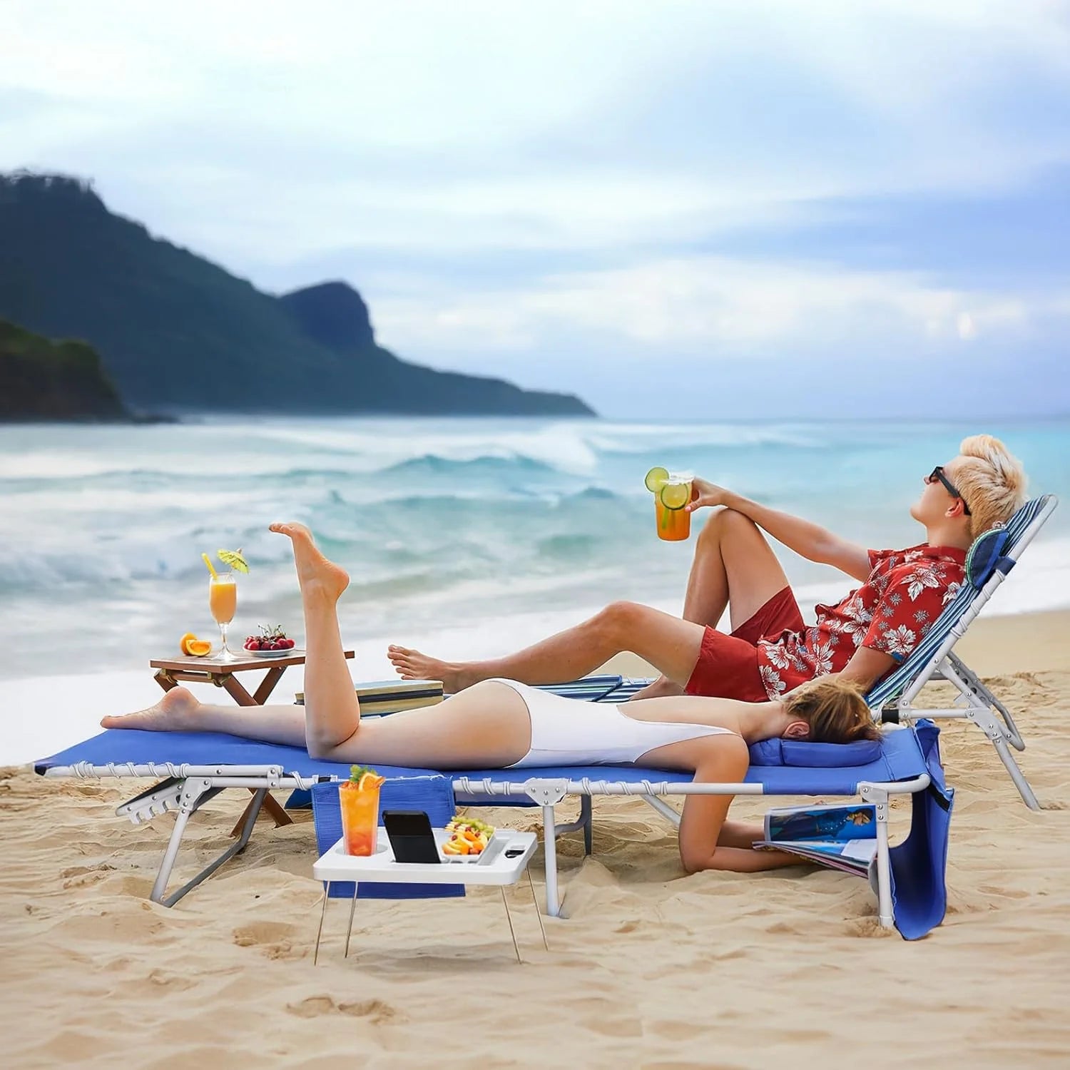 Lumi Discount Beach Chair Face Holes, Lounge Chair Outdoor with Folding Side Table, 5-Position Recliner, Max 330lbs - Image 2