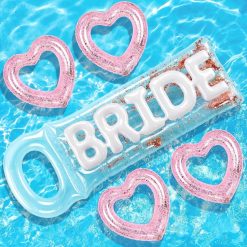 Discount 5 Pcs Bachelorette Pool Floats Set, Bride Pool Party Decor: 72 Glitter Bride Raft Lounger & 4 Heart Swim Rings