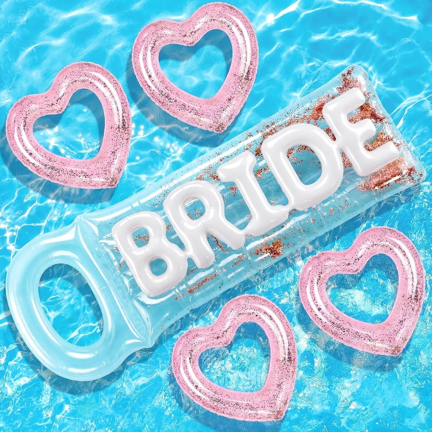 Lumi Discount 5 Pcs Bachelorette Pool Floats Set, Bride Pool Party Decor: 72 Glitter Bride Raft Lounger & 4 Heart Swim Rings