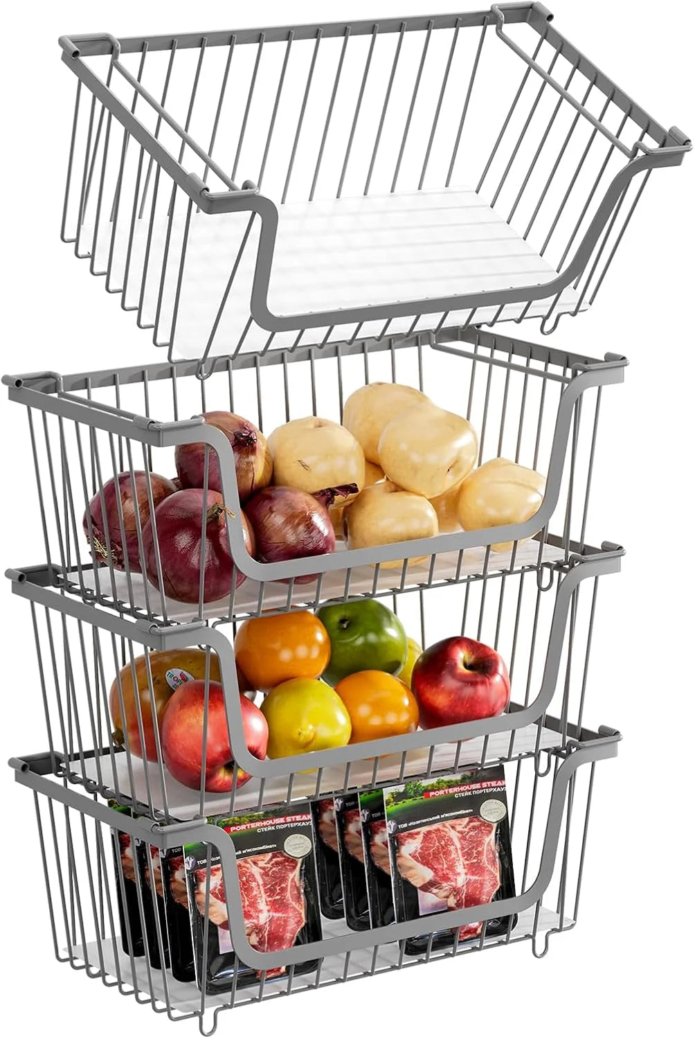 Discount Stackable Wire Baskets Pantry Organizers and Storage Bins, Black, Breathable Metal Design with Rotating - Image 6