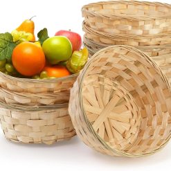 Discount Round Gift Baskets, 8 Inch Natural Bamboo Woven Fruit Basket, Small Wicker Bread Roll Serving Basket, Food