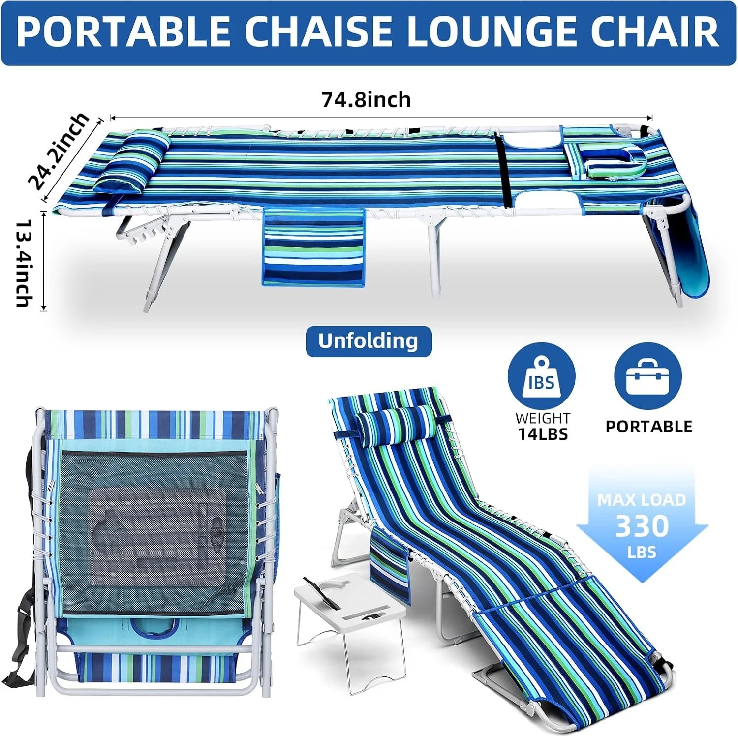 Lumi Discount Beach Chair Face Holes, Lounge Chair Outdoor with Folding Side Table, 5-Position Recliner, Max 330lbs - Image 3