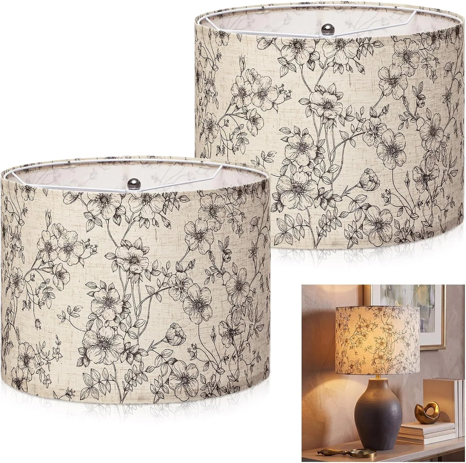Discount 2 Pack Chinoiserie Drum Lamp Shade 13 x 13 x 10 Inch Cream Linen Lampshade with Exquisite Bird Floral Lining