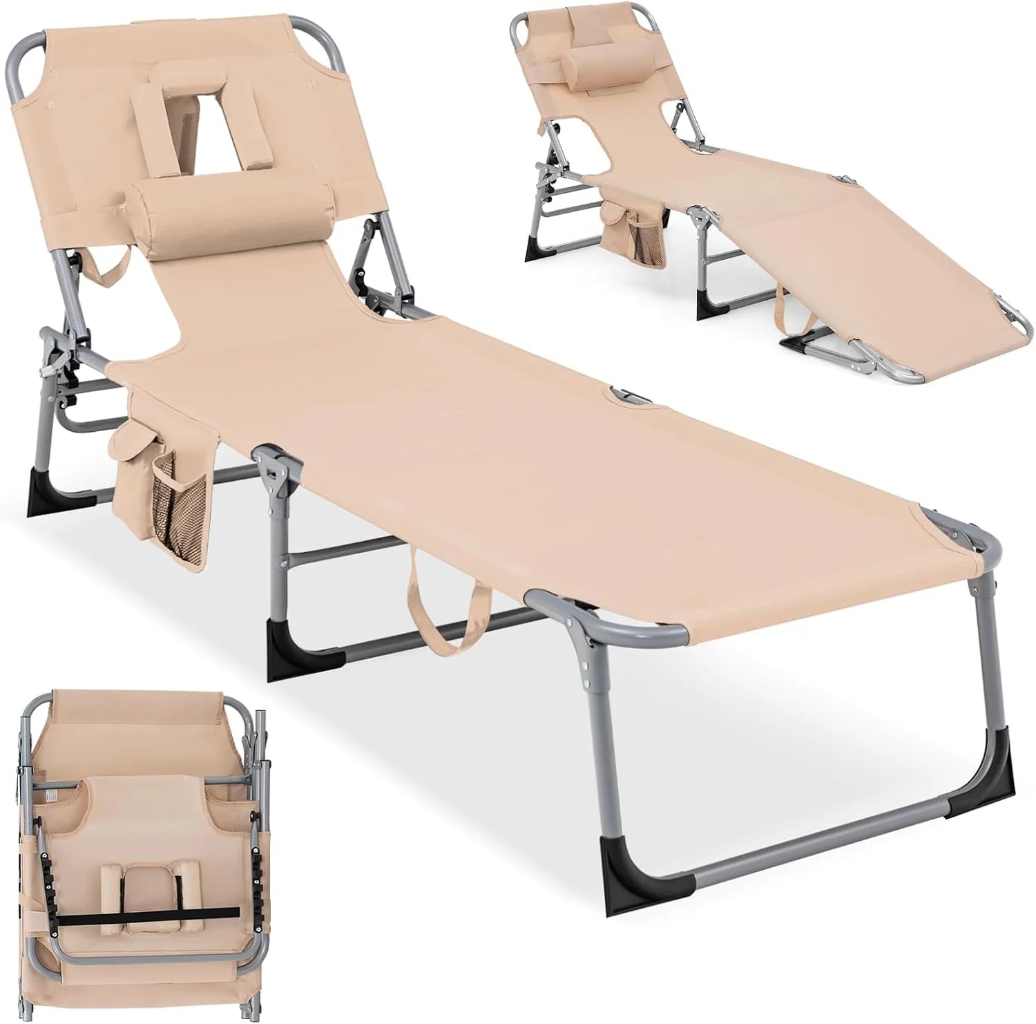 Lumi Discount Tanning Chair with Face Hole, Folding Beach Lounge Chair with 4-Position Adjustable Backrest, Camping (1 - Image 4