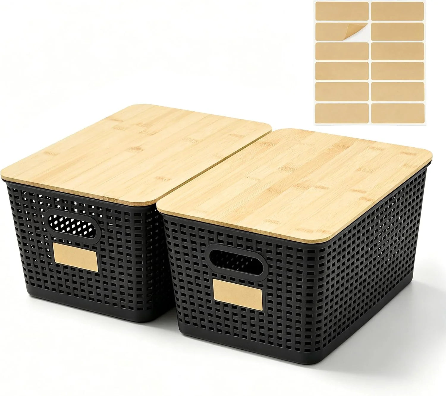 Discount Small Plastic Storage Bins with Bamboo Lids 5.2qt Stackable Box Basket Pantry Decorative Containers Cute - Image 3
