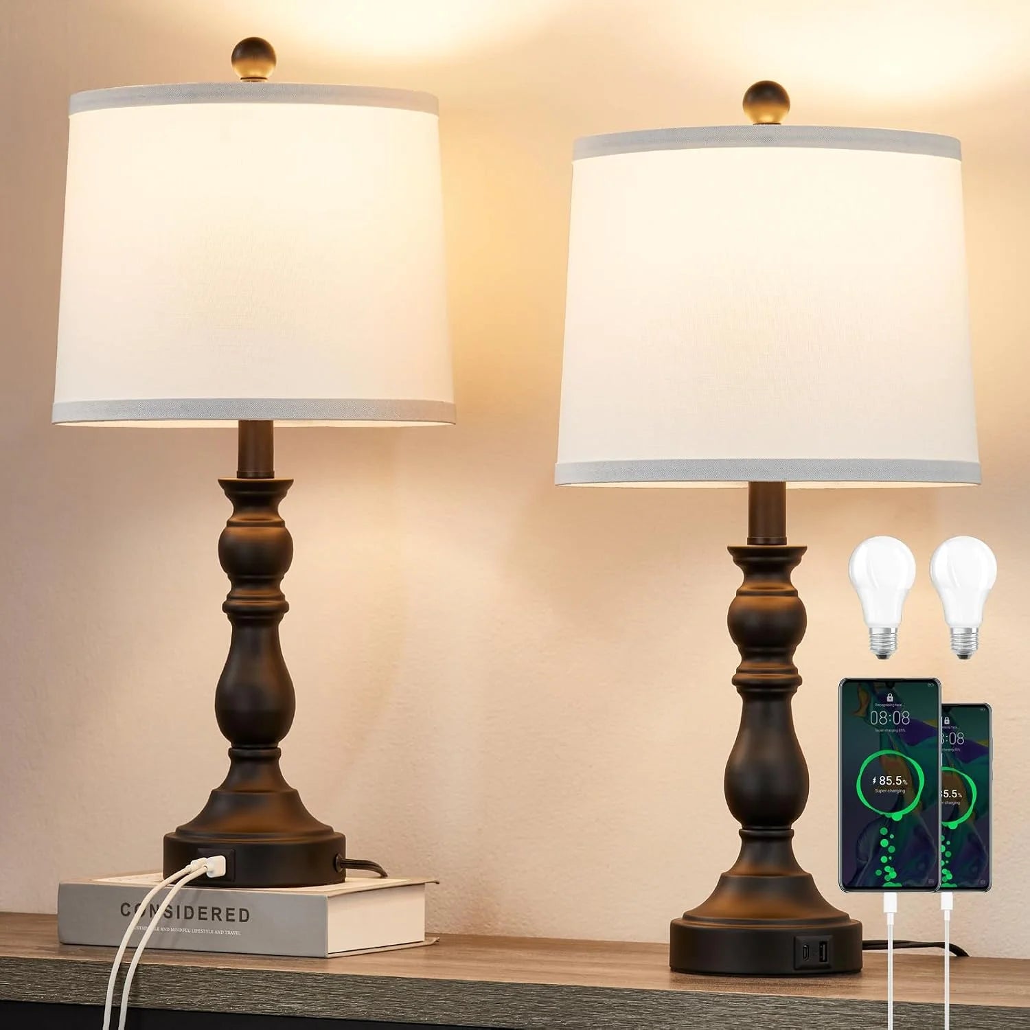 Discount 23” Farmhouse Table Lamps for Living Room Set of 2 with USB C+A Ports, 3-Color Temperature, Bulb Included - Image 4