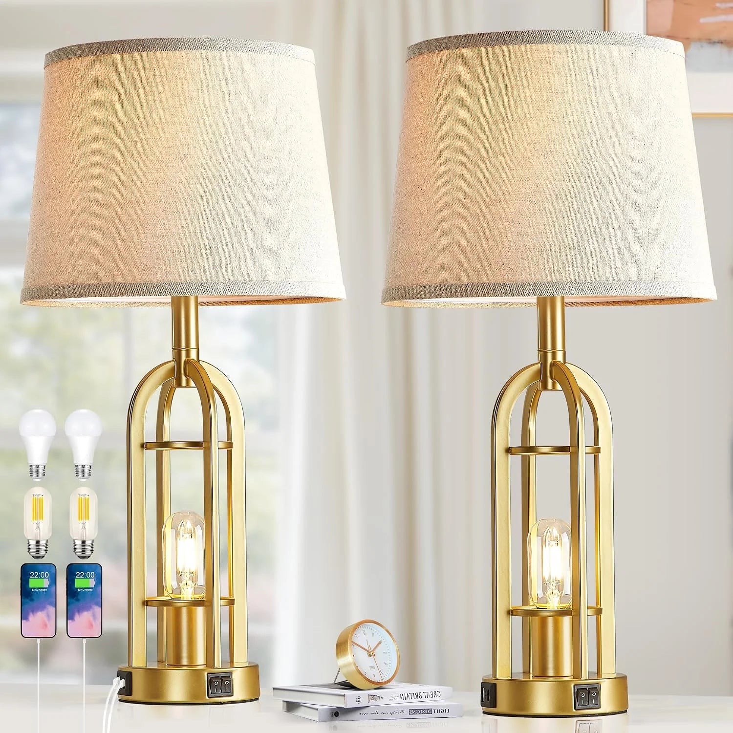 Discount Black Table Lamps for Living Room Set of 2, Farmhouse Lamps for Night Stands with USB A+C
