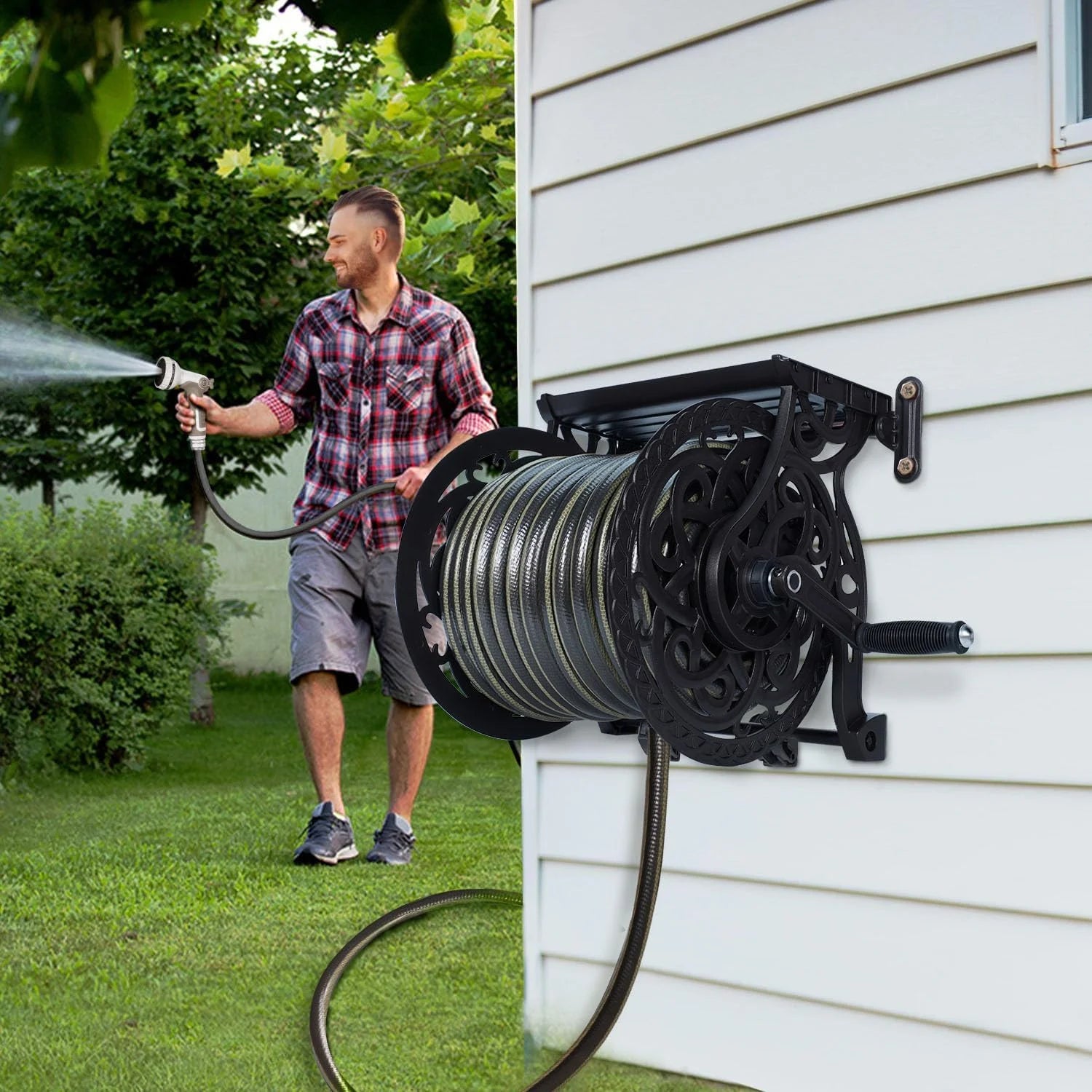 Discount Wall Mount Garden Hose Reel for Outside, Holds 125 ft x 5/8" Hose Storage, Decorative Heavy Duty Water Hose - Image 5