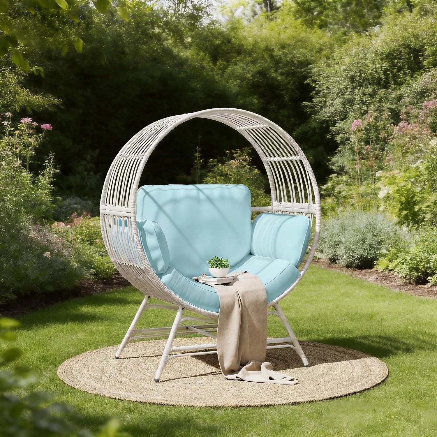 Discount Bifanuo Oversized Egg Chair for Indoor Outdoor Use – Rattan Hanging Basket Chair with Thickened Cushion Supports 350 LBS – Wicker Patio Lounge Chair for Balcony Porch Living Room Backyard (Blue) - Image 4