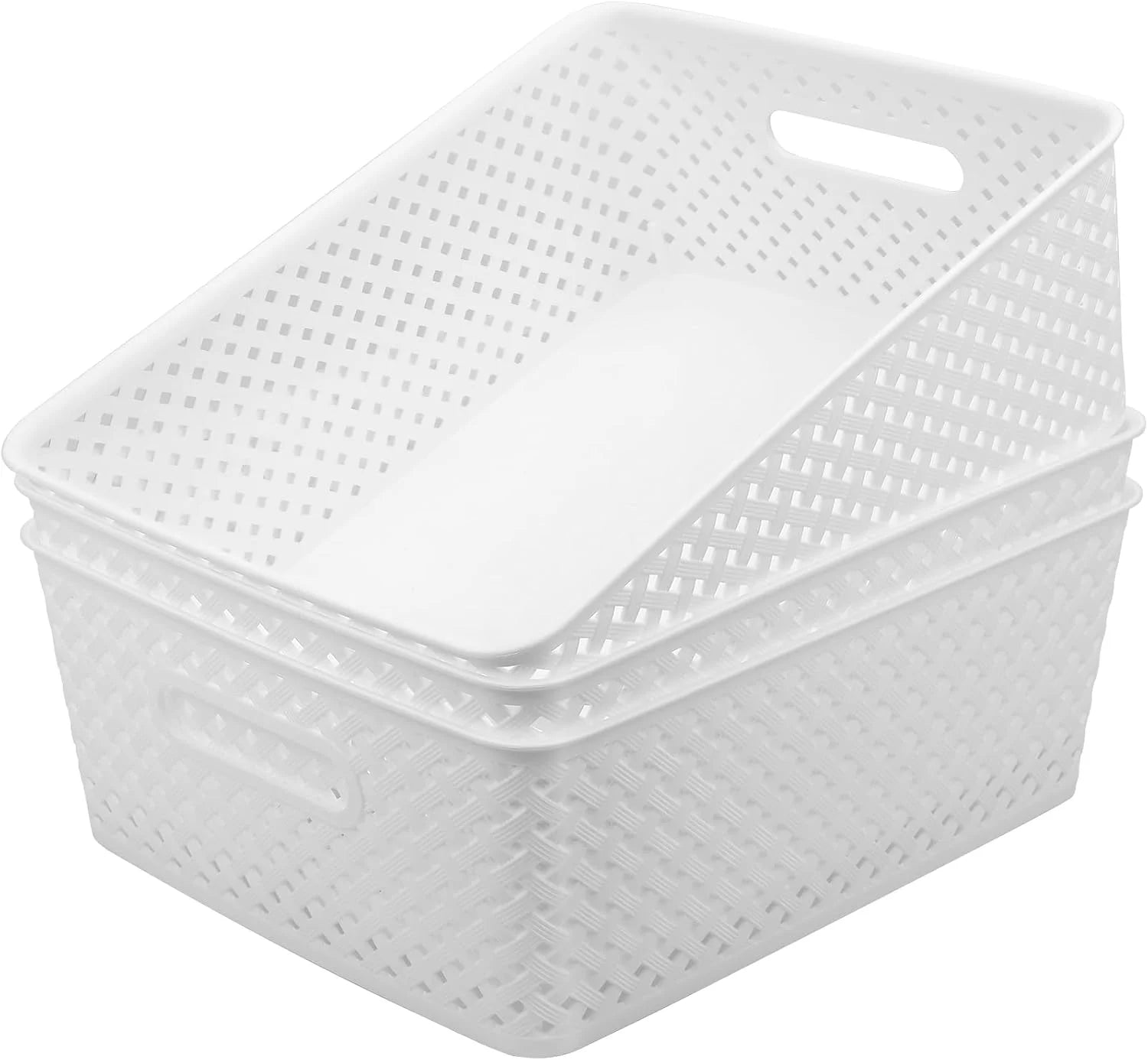 Discount 3 Pack Plastic Storage Baskets, Large, White, Durable Woven Plastic with Built-In Handles - Image 8