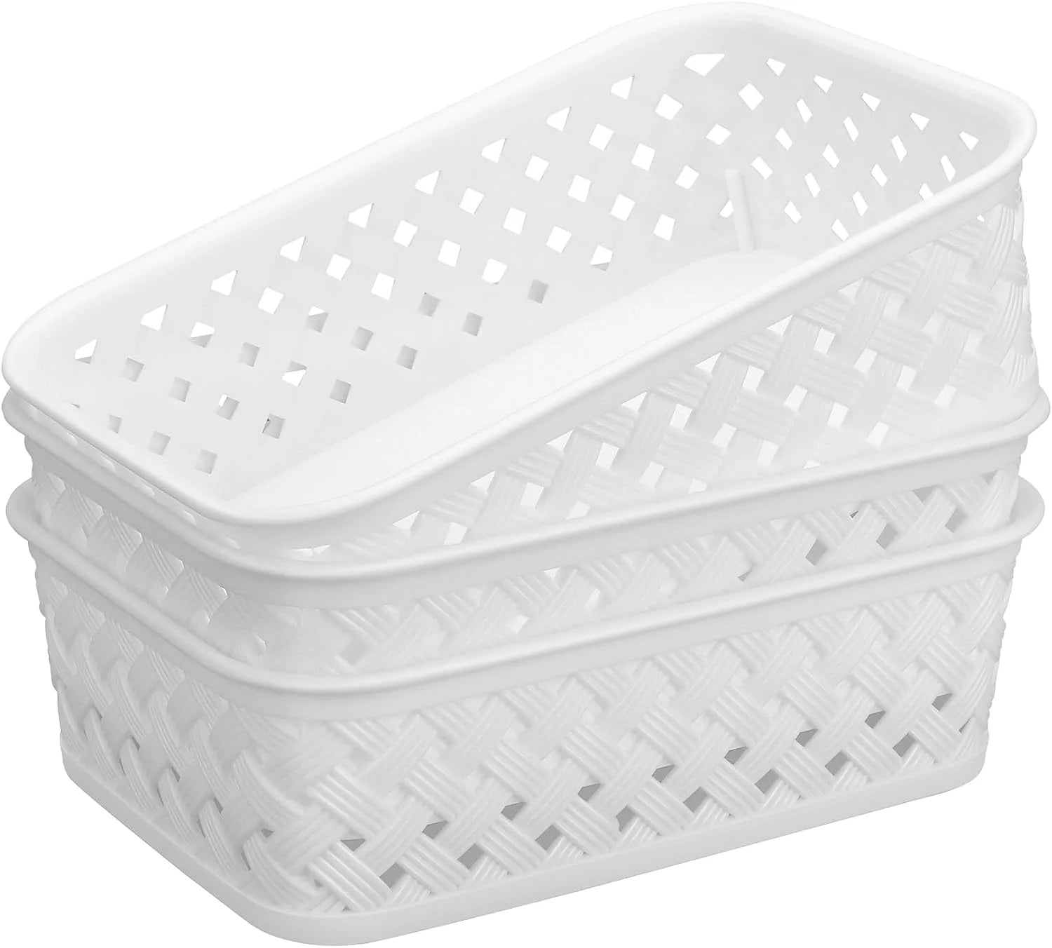 Discount 3 Pack Plastic Storage Baskets, Large, White, Durable Woven Plastic with Built-In Handles - Image 2