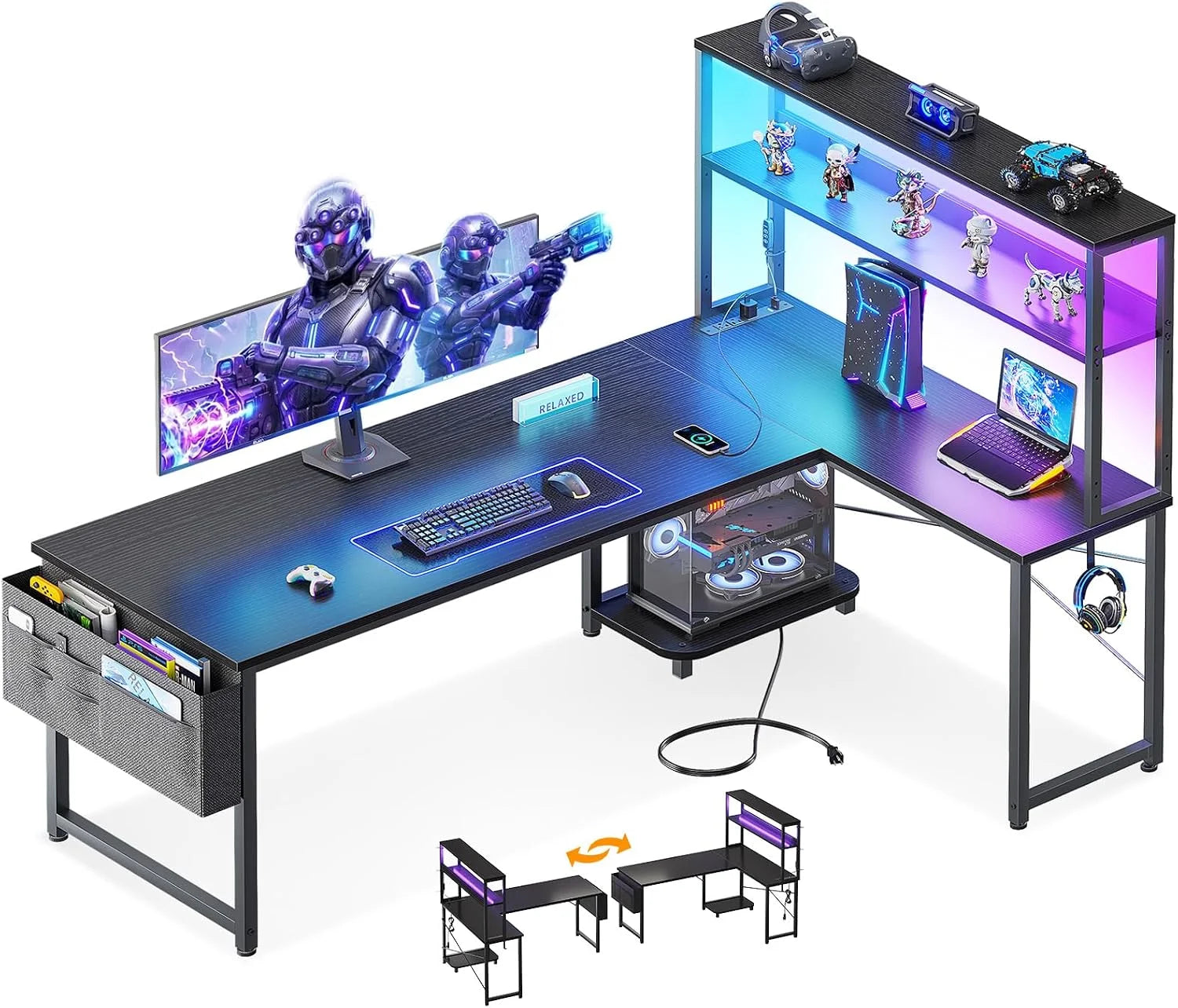 Lumi Discount 53 L Shaped Gaming Desk with Shelves, LED & Outlets