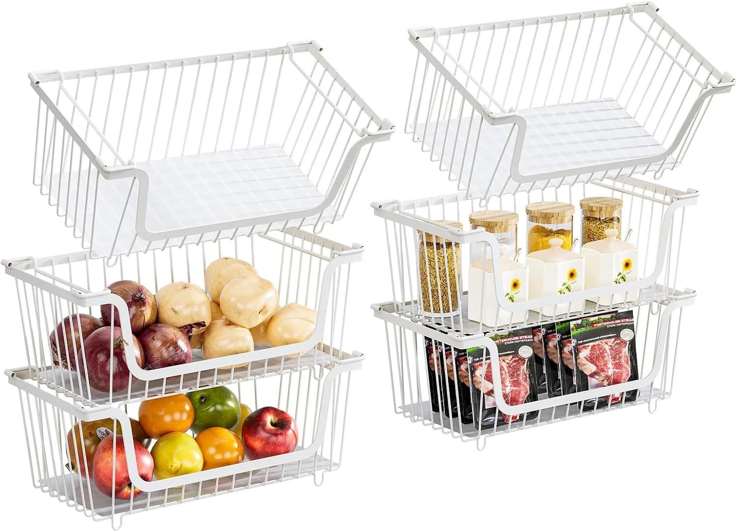 Discount Stackable Wire Baskets Pantry Organizers and Storage Bins, Black, Breathable Metal Design with Rotating - Image 8