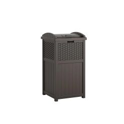 Discount Suncast 33 Gallon Commercial Outdoor Trashcan Hideaway with Lid for 30 to 33 Gallon Trash Bags for Garage, Backyard