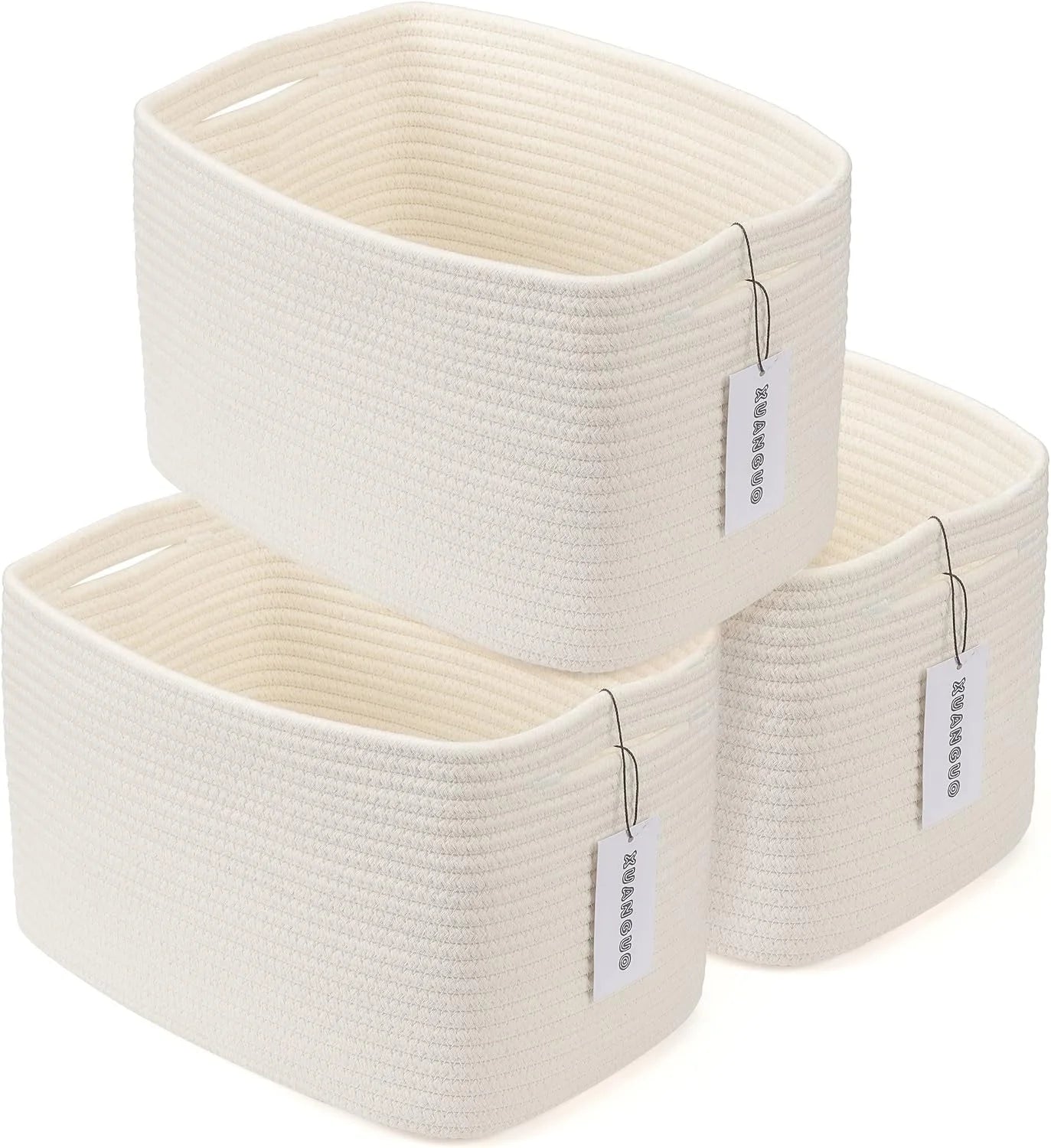 Discount Cotton Rope Storage Baskets 15x10x9.3 3 Pack White, Decorative rectangular storage baskets for shelves - Image 4