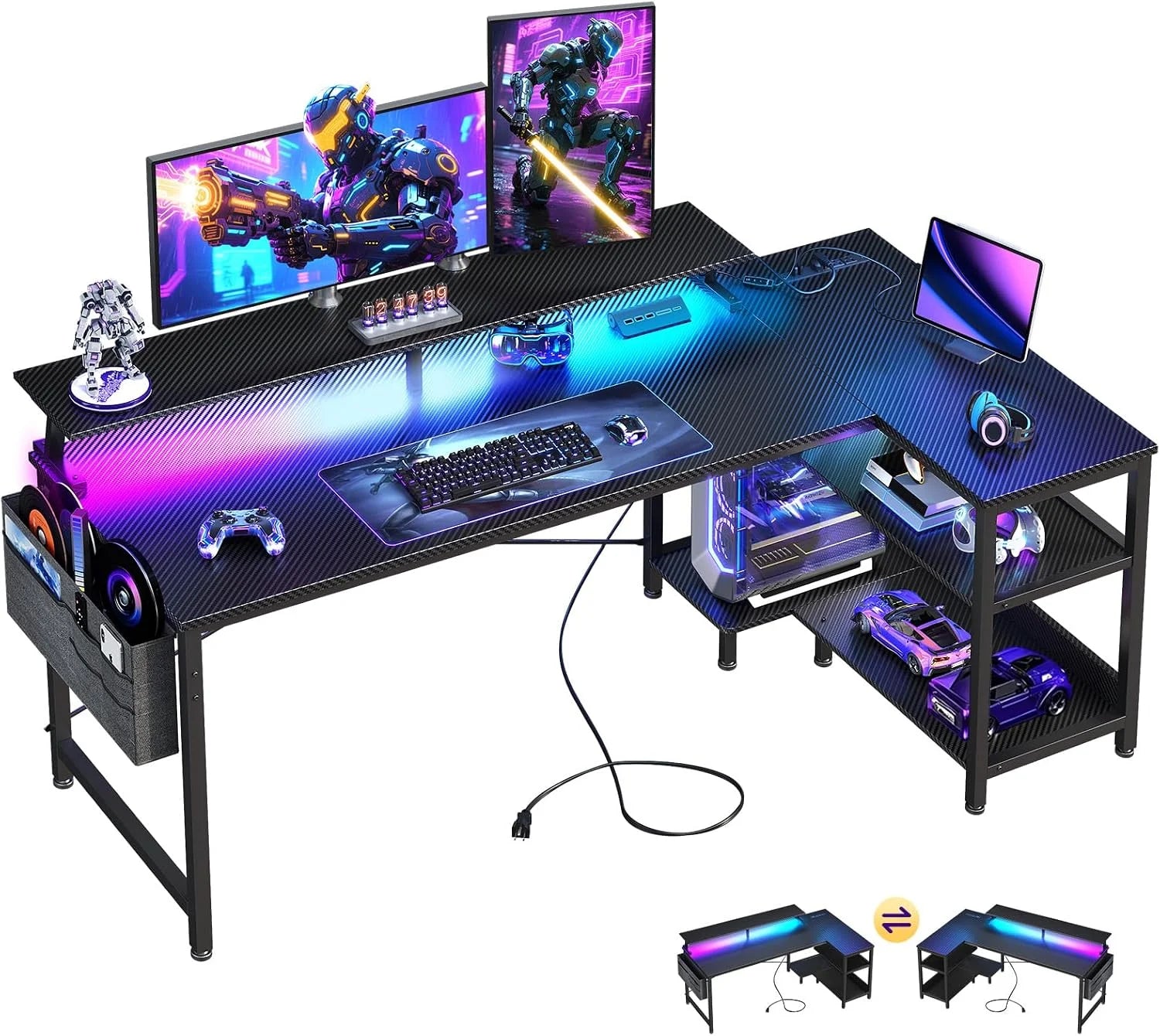 Lumi Discount 48 Inch Gaming Desk with USB Charging Ports and LED Lights, Reversible L Shaped Computer Desk with Storage Shelves