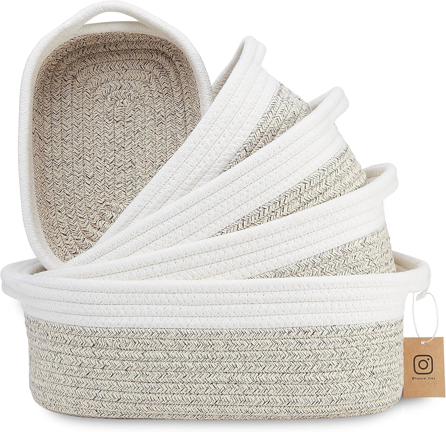 Discount 5-Piece Rectangle Storage Basket Set- Natural Cotton Rope Woven for Organizing! Small Basket - Image 6