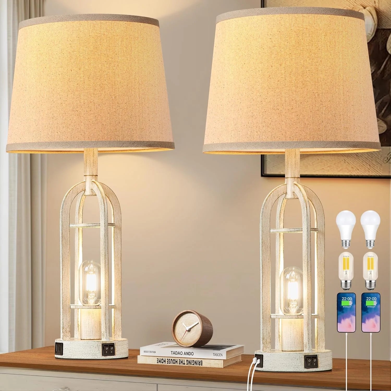 Discount Black Table Lamps for Living Room Set of 2, Farmhouse Lamps for Night Stands with USB A+C - Image 5