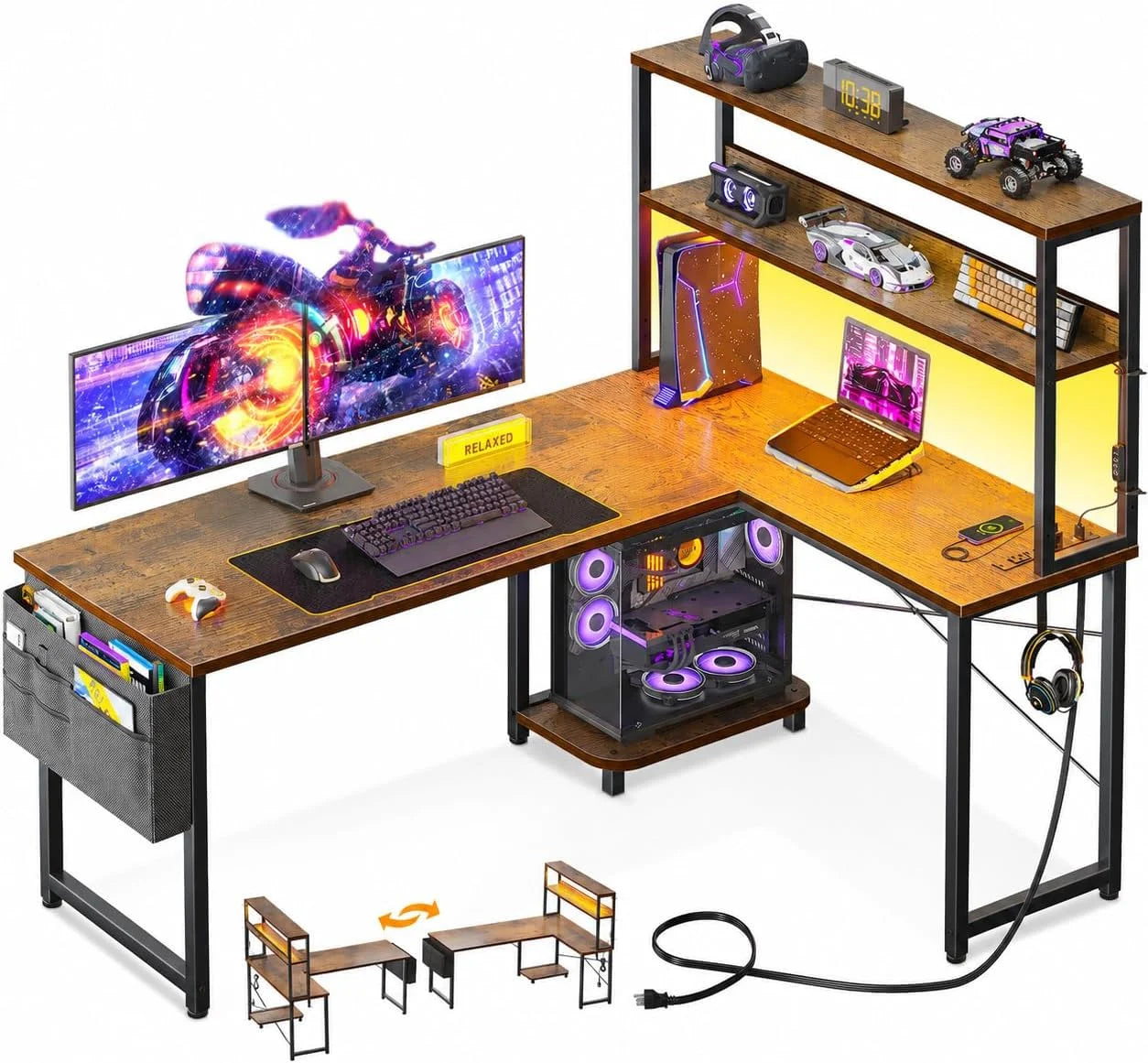 Lumi Discount 53 L Shaped Gaming Desk with Shelves, LED & Outlets - Image 5