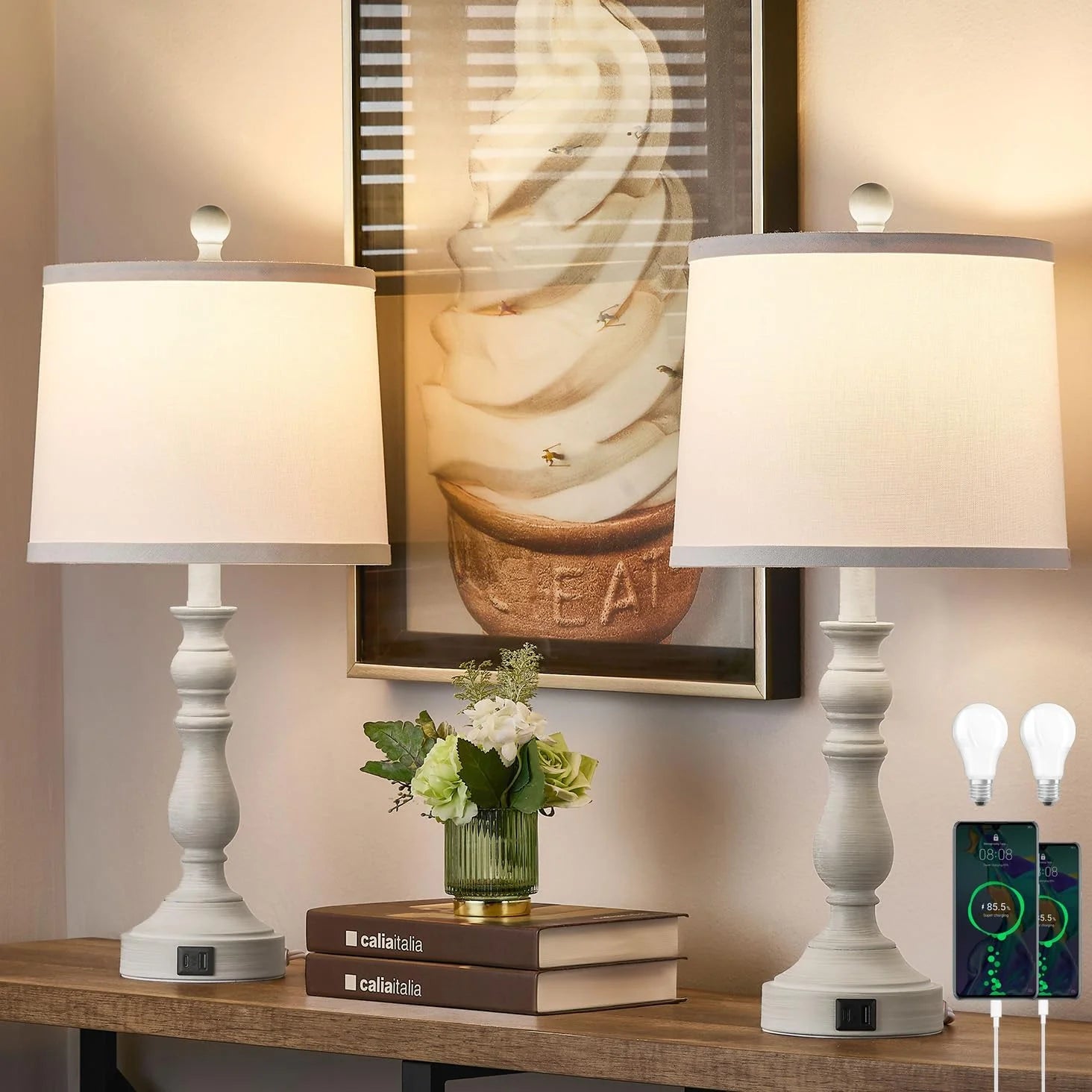 Discount 23” Farmhouse Table Lamps for Living Room Set of 2 with USB C+A Ports, 3-Color Temperature, Bulb Included - Image 5