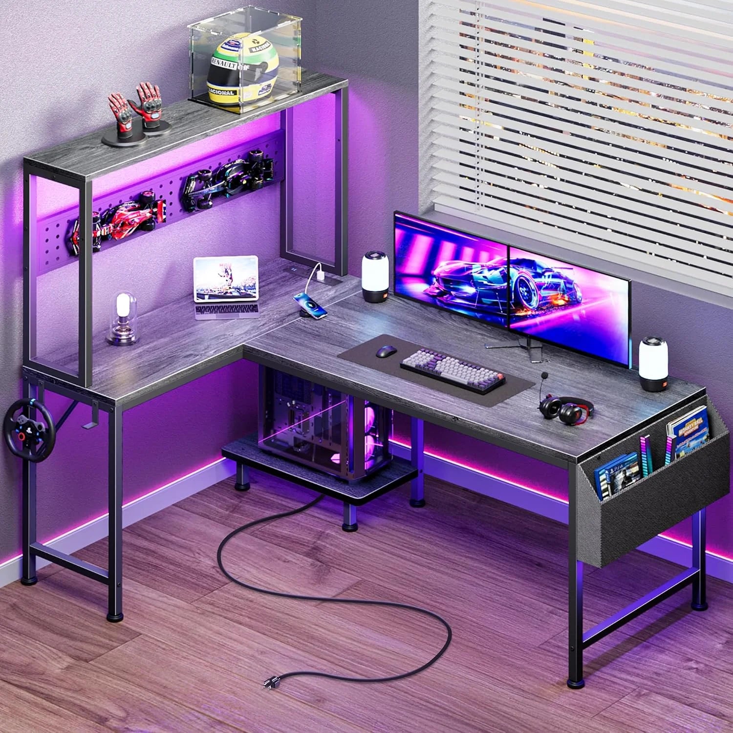 Discount L Shaped Gaming Desk with LED Lights & Power Outlets, Reversible Computer Desk with Storage Shelves & Bag - Image 7