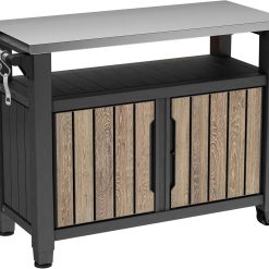 Lumi Discount Keter Unity XL Outdoor Entertainment Cart with Wood鈥慙ook Finish, 78鈥慓allon Patio Storage Cabinet, Food Prep Station
