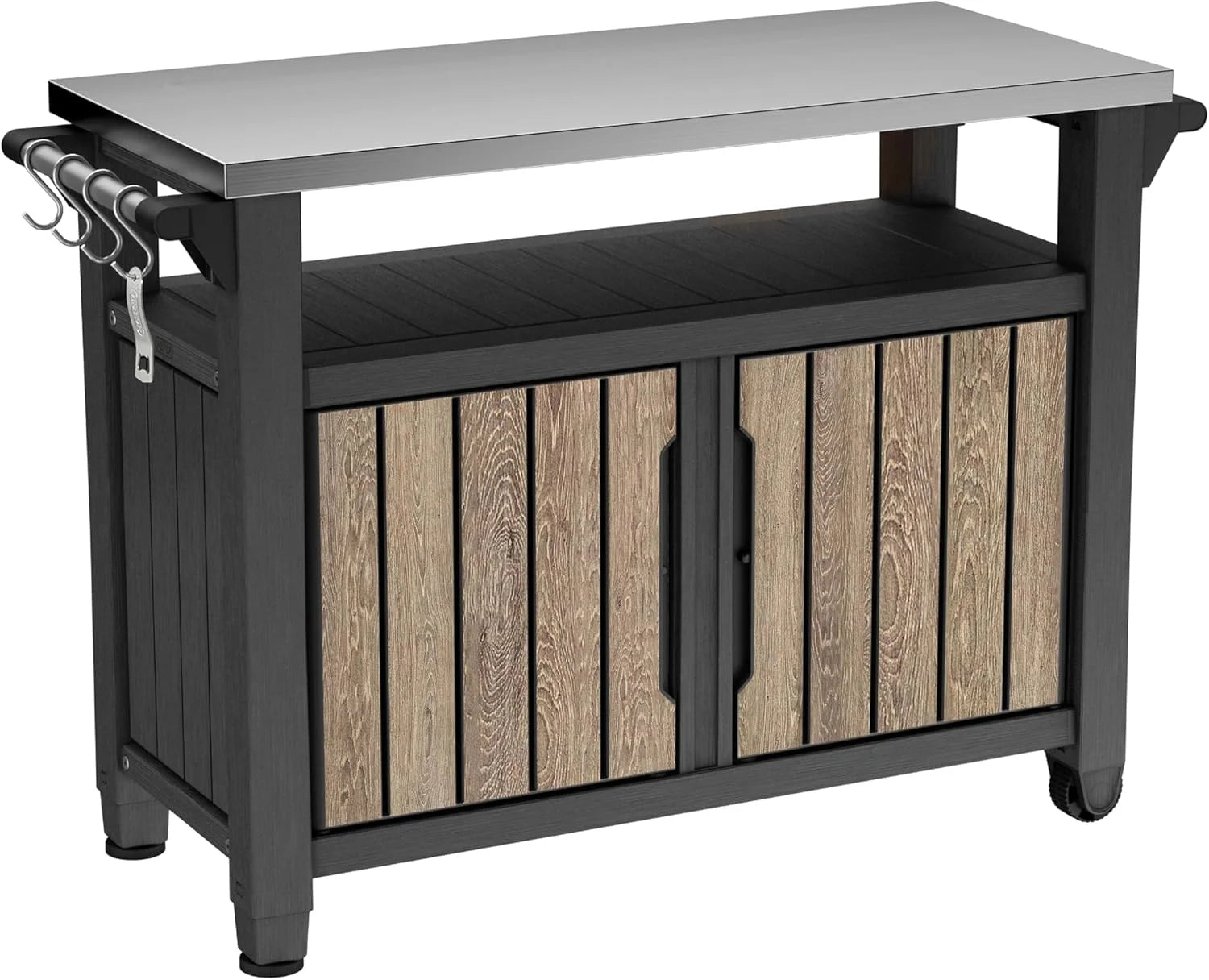 Lumi Discount Keter Unity XL Outdoor Entertainment Cart with Wood鈥慙ook Finish, 78鈥慓allon Patio Storage Cabinet, Food Prep Station