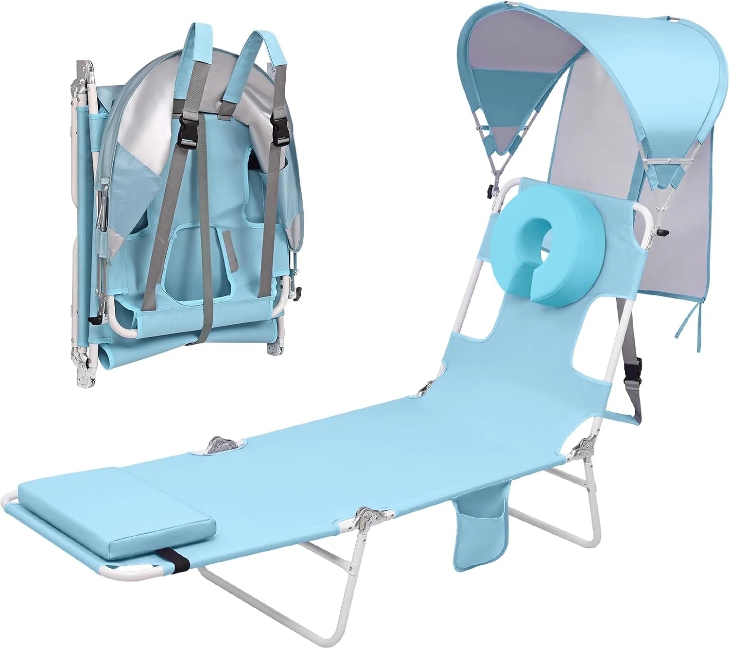 Lumi Discount Beach Tanning Lounge Chair with Canopy Shade Face Hole Padded Adjustable Washable, 6 Position Layout Chair - Image 6