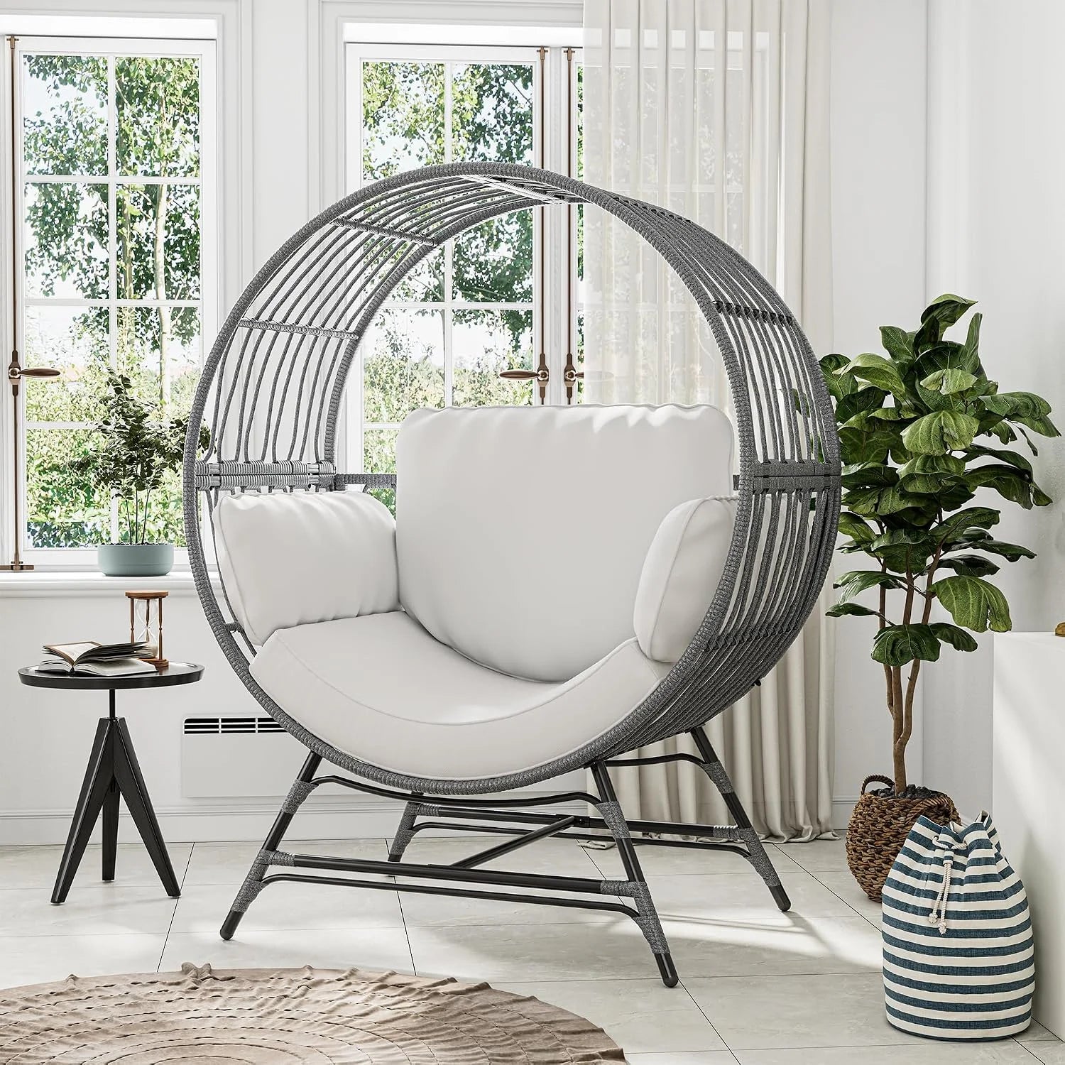 Discount Bifanuo Oversized Egg Chair for Indoor Outdoor Use – Rattan Hanging Basket Chair with Thickened Cushion Supports 350 LBS – Wicker Patio Lounge Chair for Balcony Porch Living Room Backyard (Blue) - Image 3