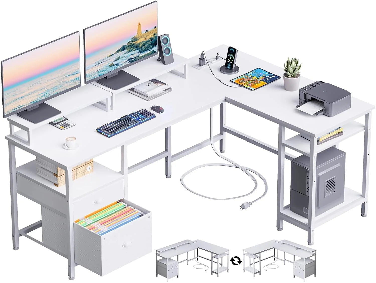 Discount Furologee 66" L Shaped Desk with Power Outlet, Reversible Home Office Desk with File Drawer, 2 Monitor Stands - Image 6