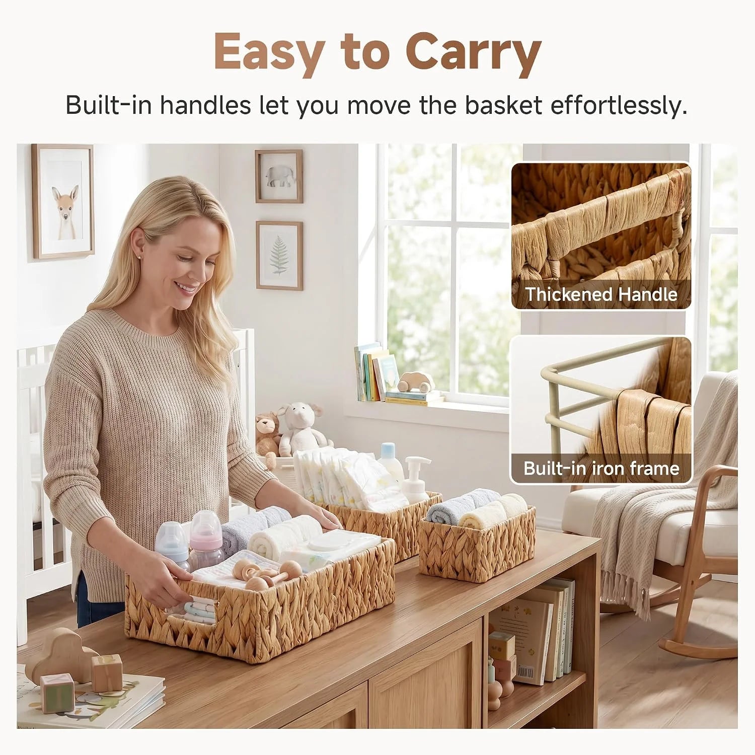 Discount Pantry Baskets for Shelves 3 Pack, Rectangular Wicker Basket with Handles, Natural Water Hyacinth - Image 4