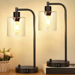Discount Lynnoland Set of 2 Industrial Table Lamps with 2 USB, Dimmable, Bulb Included