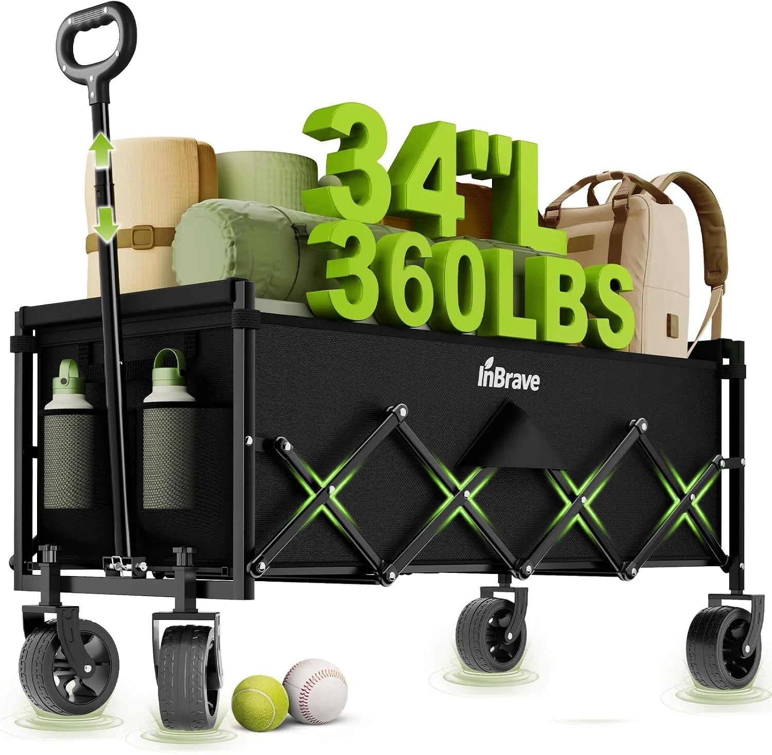Lumi Discount InBrave 34 Extra Long Collapsible Wagon Cart, 360LBS Capacity, Black