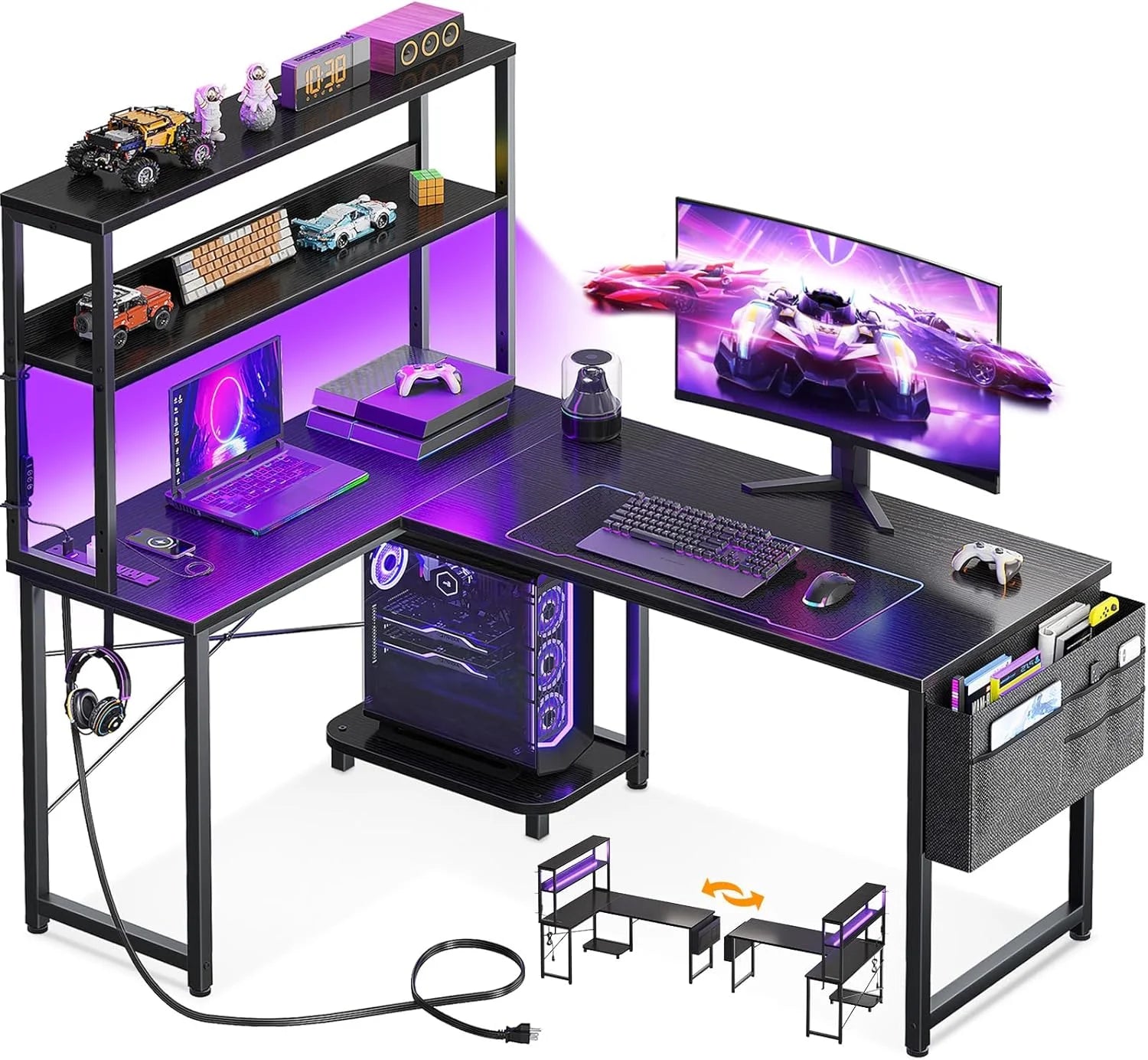 Discount L Shaped Desk Gaming Desk with LED Light & Power Outlet, 53 Inch Black Reversible L Shaped Computer Table