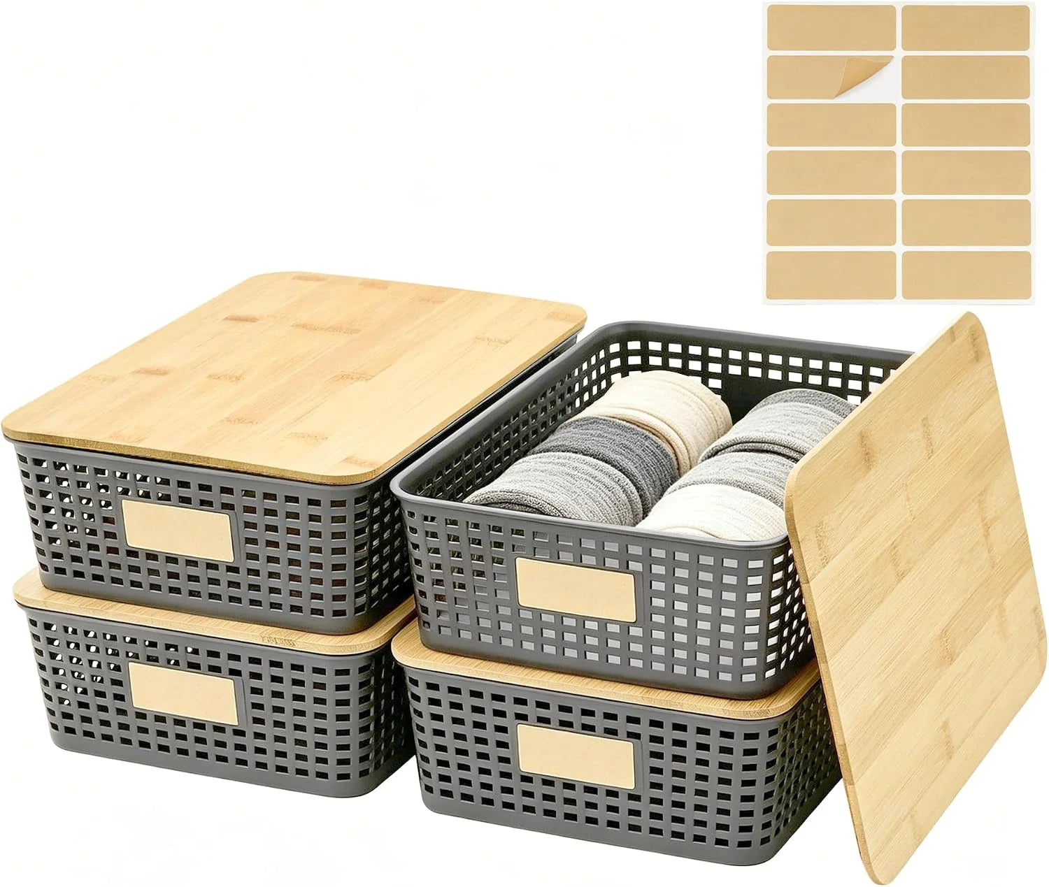 Discount Small Plastic Storage Bins with Bamboo Lids 5.2qt Stackable Box Basket Pantry Decorative Containers Cute - Image 4