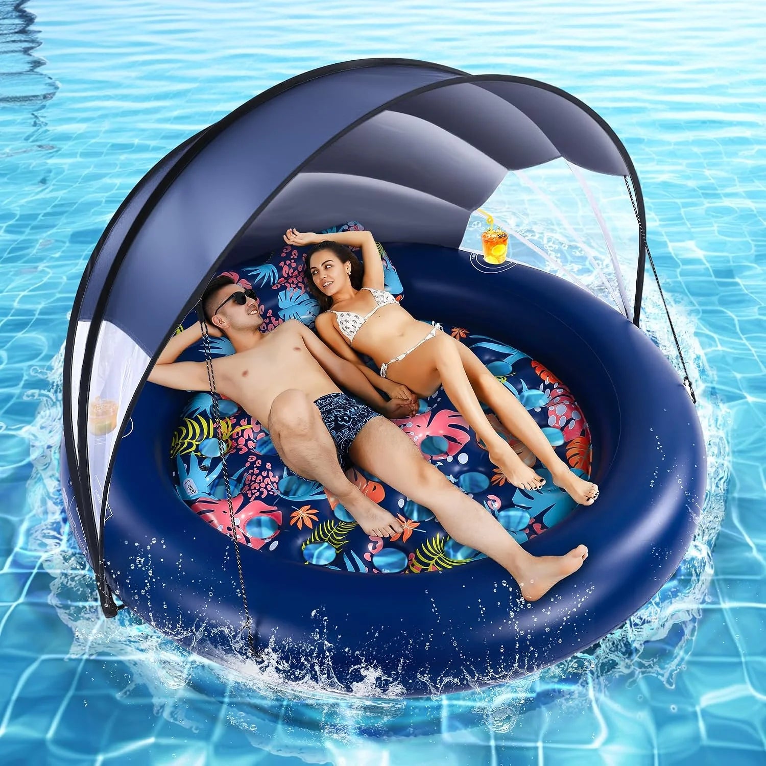 Discount 2-Person Pool Floats Adult Heavy Duty, Giant 75X75 Inflatable Tanning Pool Mats with Cup Holders - Image 2
