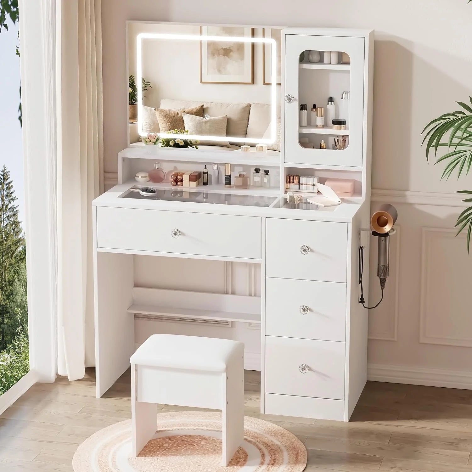 Discount White Makeup Vanity Desk with Charging Station & 4 Drawers, Smart LED Mirror - Image 3