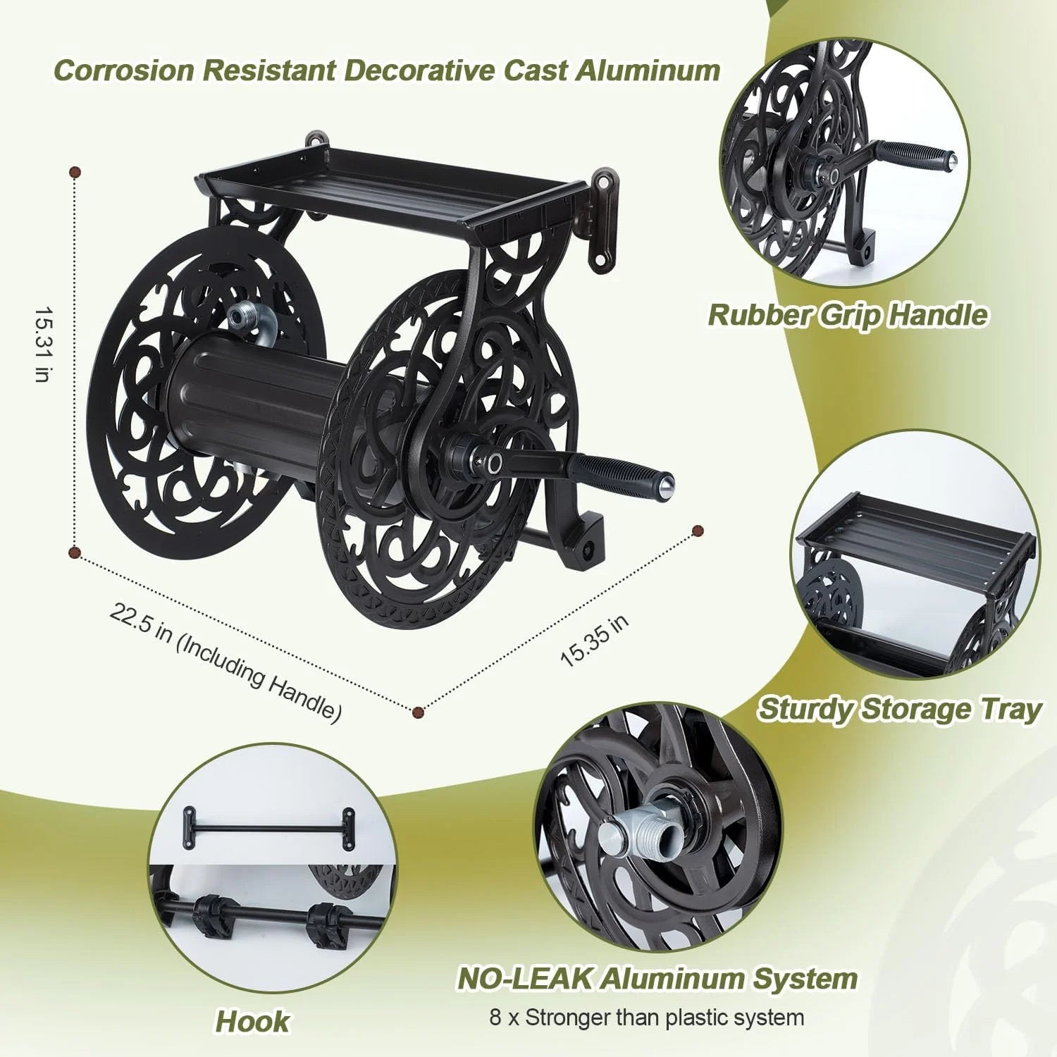 Discount Wall Mount Garden Hose Reel for Outside, Holds 125 ft x 5/8" Hose Storage, Decorative Heavy Duty Water Hose - Image 7