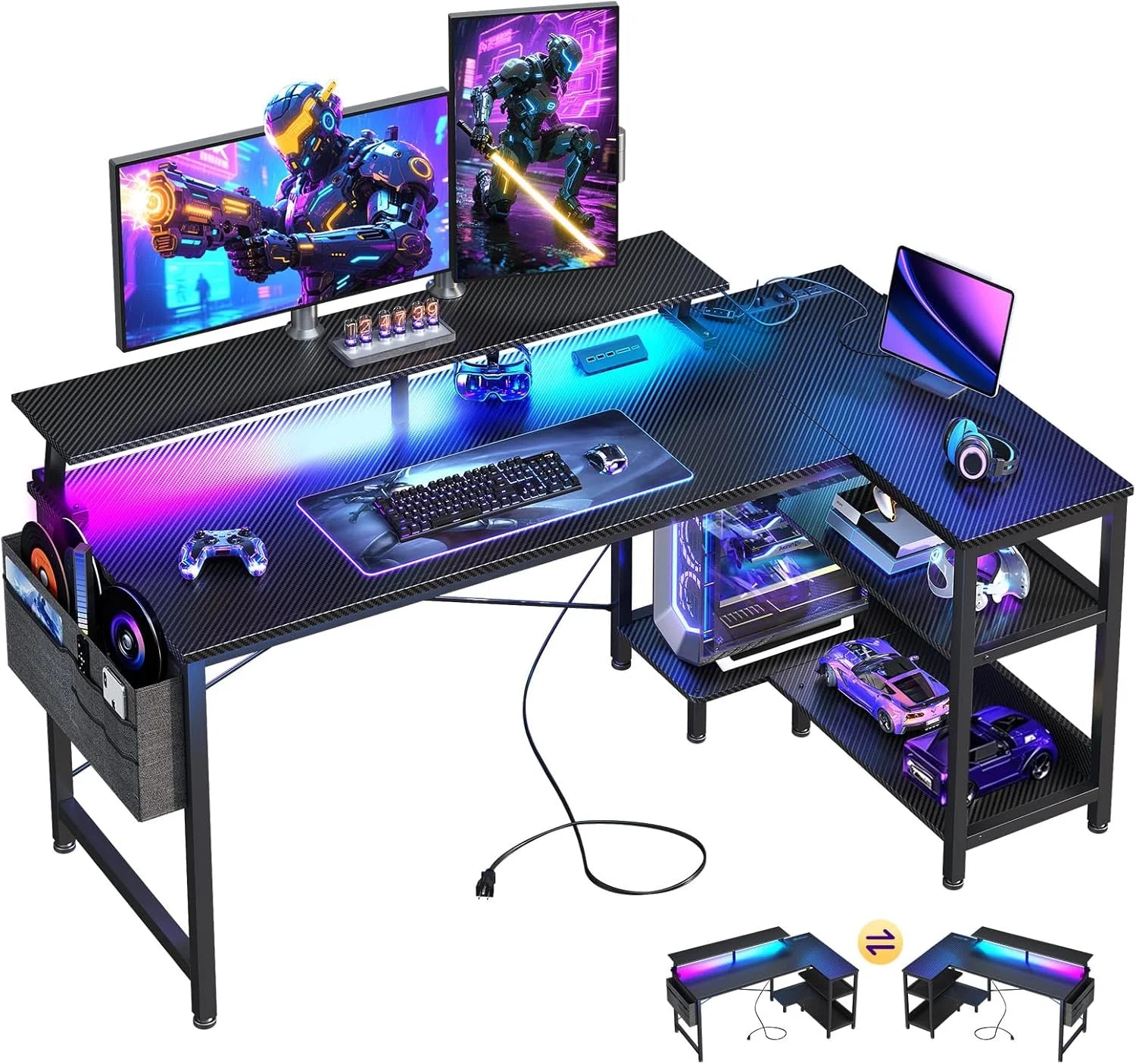 Lumi Discount 48 Inch Gaming Desk with USB Charging Ports and LED Lights, Reversible L Shaped Computer Desk with Storage Shelves - Image 2
