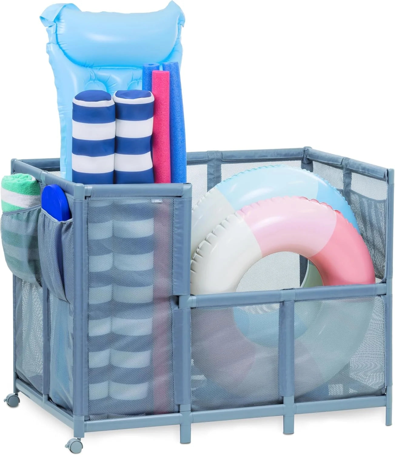 Discount Coast Modern Pool Organizer for Floats and Toys – Extra Large Mesh Pool Storage Bin for Outdoors – Gray - Image 2