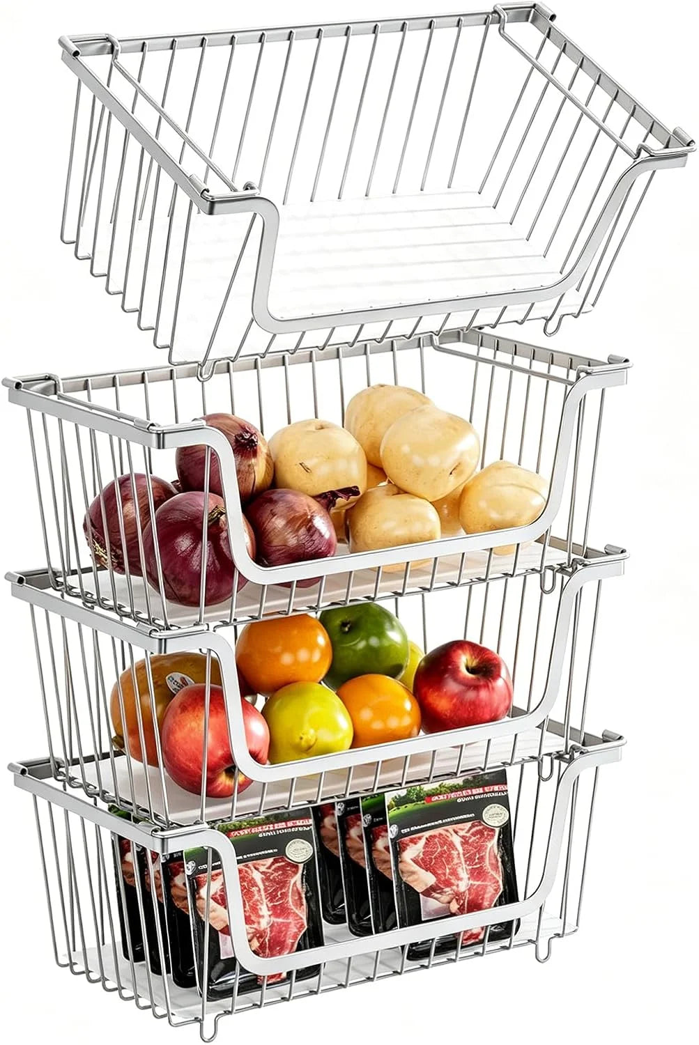 Discount Stackable Wire Baskets Pantry Organizers and Storage Bins, Black, Breathable Metal Design with Rotating