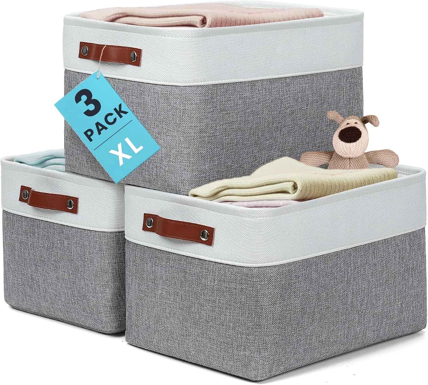 Discount Baskets 3 Pack, Fabric Bins for Shelves, Vegan leather handles - Image 11