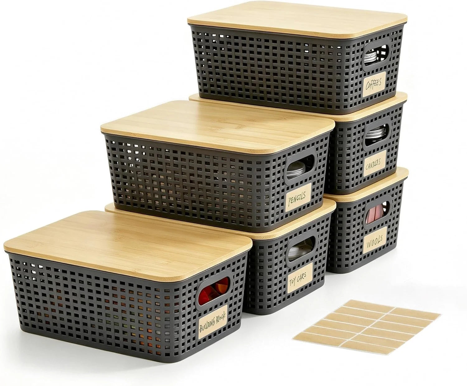 Discount Small Plastic Storage Bins with Bamboo Lids 5.2qt Stackable Box Basket Pantry Decorative Containers Cute - Image 2