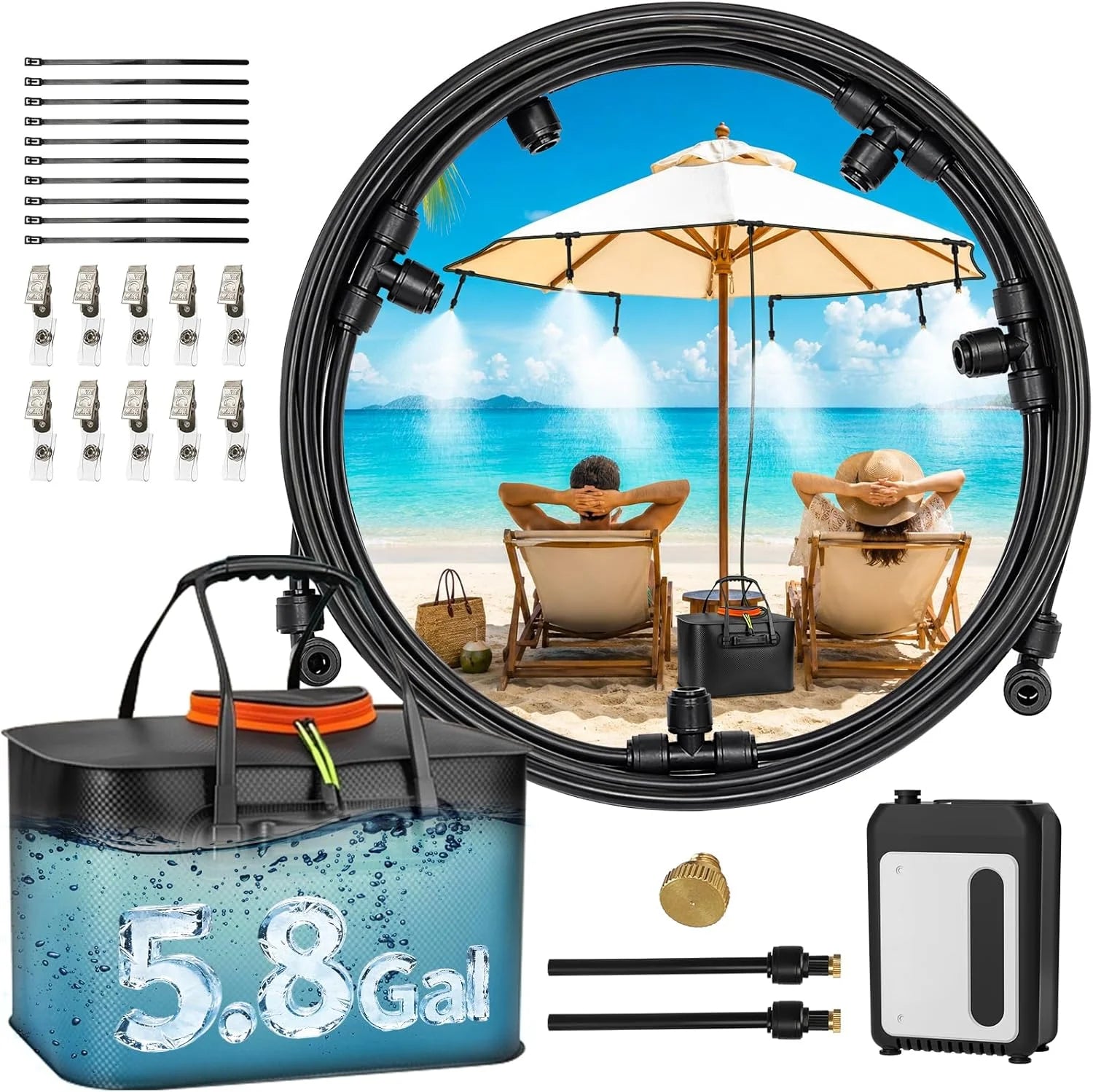 Lumi Discount Portable Misting Systems, Outdoor Water Cooling Misters Set with 5200mAh Water Pump, 5.8GAL/22L Bucket