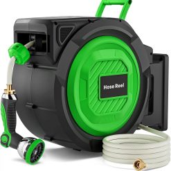 Lumi Discount Garden Hose Reel, 1/2 in x 100 ft Automatic Slow Rewind System & Any Length Lock, Heavy Duty Wall-Mounted