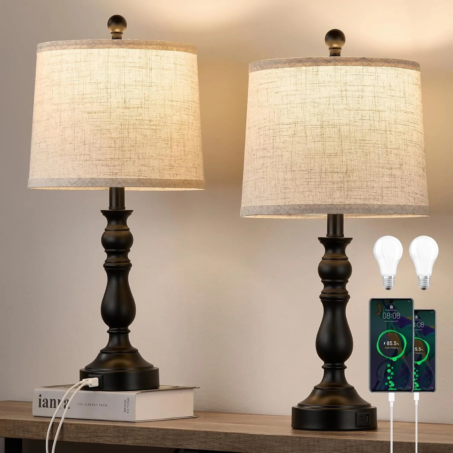 Discount 23” Farmhouse Table Lamps for Living Room Set of 2 with USB C+A Ports, 3-Color Temperature, Bulb Included - Image 3