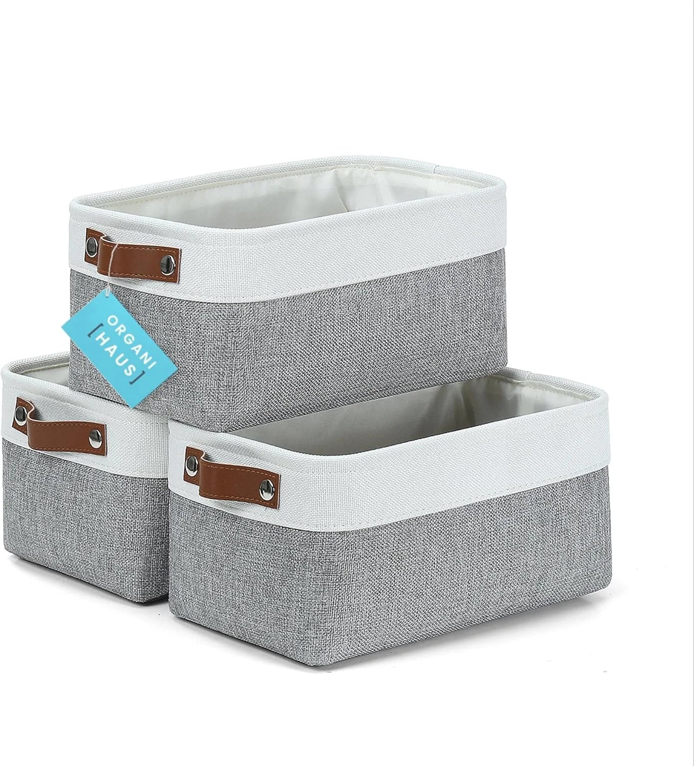 Discount Baskets 3 Pack, Fabric Bins for Shelves, Vegan leather handles - Image 8