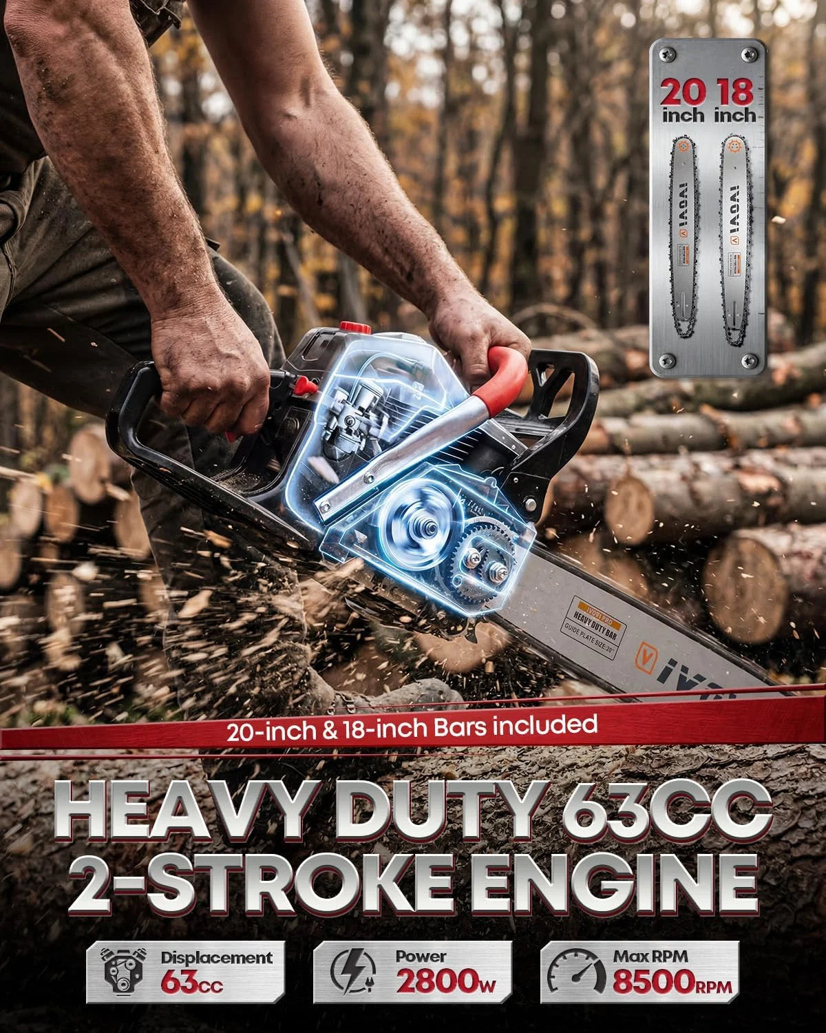 Lumi Discount 63CC Gas Chainsaw with 20-Inch and 18-Inch Bars - Image 3